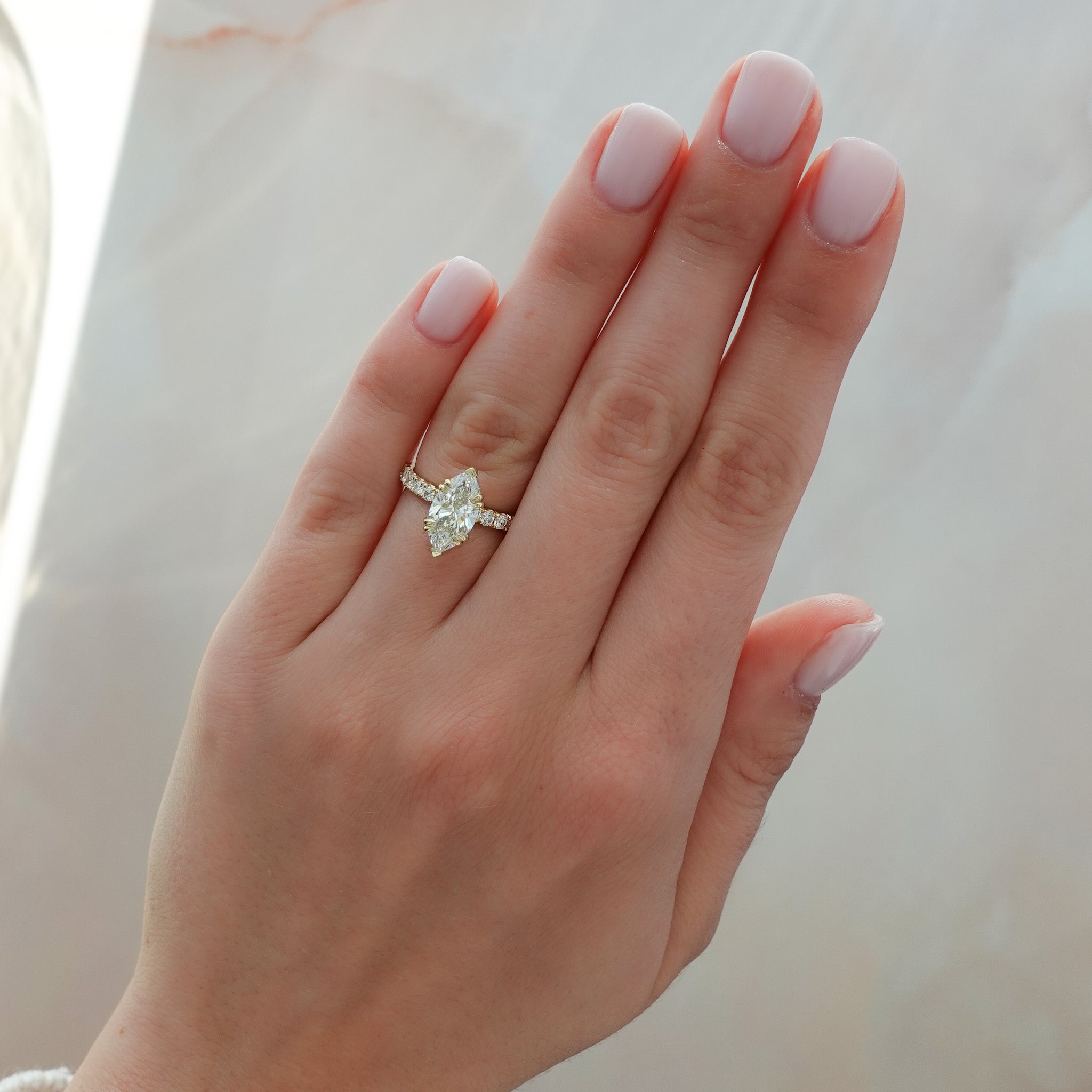 Marquise Shaped Three Stone Lab Grown Diamond Engagement Ring